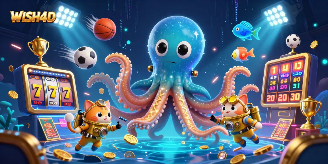 Catch the excitement of WISH4D with a thrilling kraken character, vivid casino elements, and vibrant game symbols.