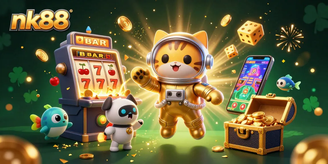 Join the excitement at nk88 with a dynamic online gaming scene featuring vibrant slot machines and character interactions.