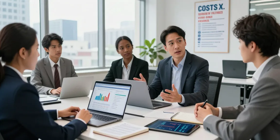 Consultant discussing fixed business energy rates with a diverse team in a modern office