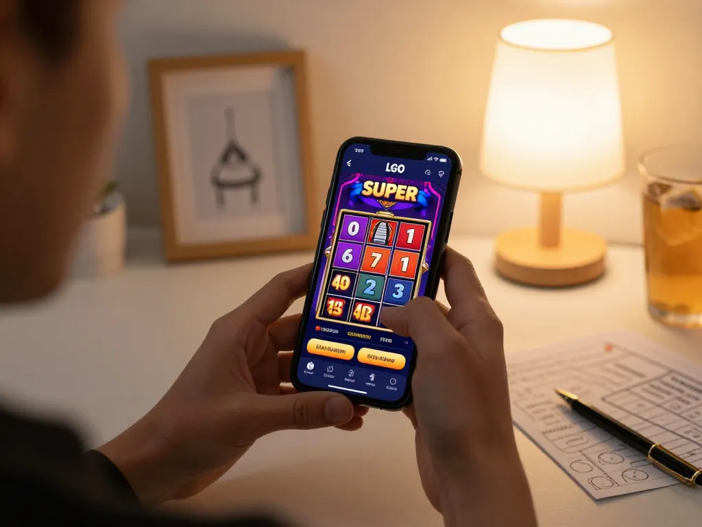 LGO SUPER player enjoying a thrilling slots game on a smartphone, showcasing engaging visuals and strategy notes.