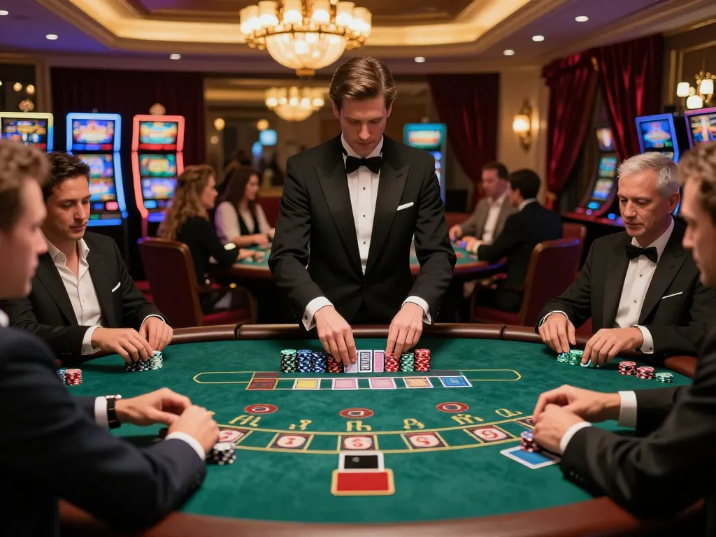 Players engaged at UG DEWA blackjack table, showcasing chips and strategic gameplay in a luxury casino.