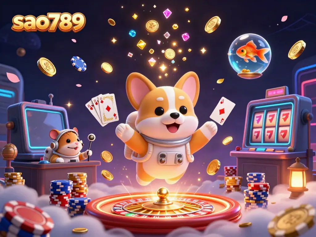 Experience the thrilling adventures of sao789 with a cartoon astronaut corgi in a vibrant space casino.