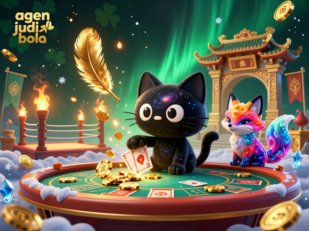 A captivating cosmic scene with a black hole cat and nebula fox at a casino table, showcasing agen judi bola betting excitement.