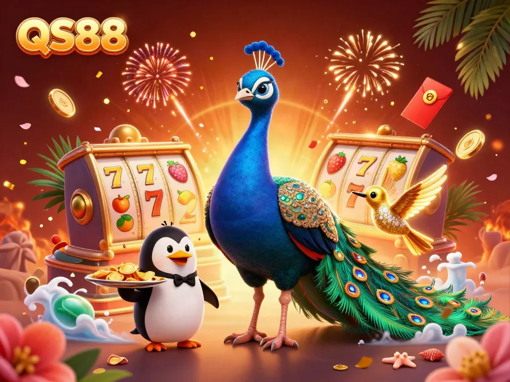 Experience vibrant slot action at QS88 with a peacock, butler penguin, and hummingbird amidst colorful gaming elements.