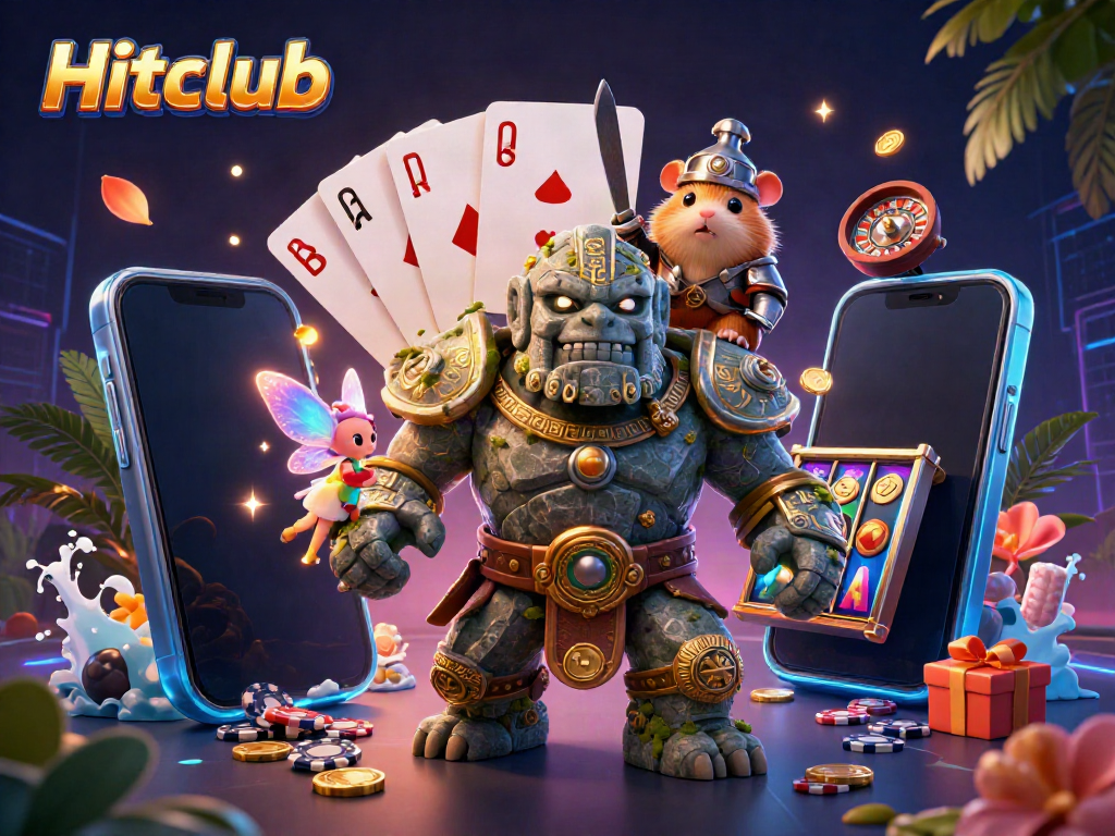 Experience the thrill of Hitclub with a dynamic 3D casino scene featuring a golem, fairy magic, and gaming elements.
