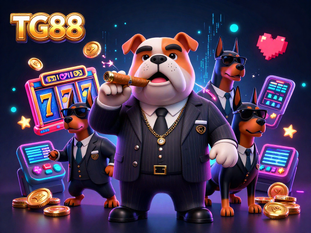 Engaging TG88 online casino scene featuring a mafia boss bulldog, bodyguard Dobermans, and colorful slot machines.
