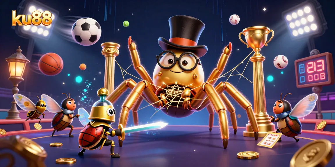 ku88 showcases a vibrant casino scene with a golden tarantula and beetle knight amidst dynamic sports elements.