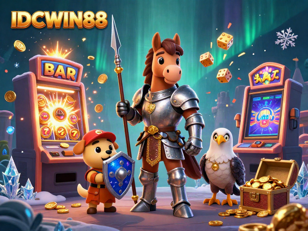 Engage with thrilling gameplay at IDCWIN88, featuring vibrant 3D characters, slot machines, and rich casino elements.