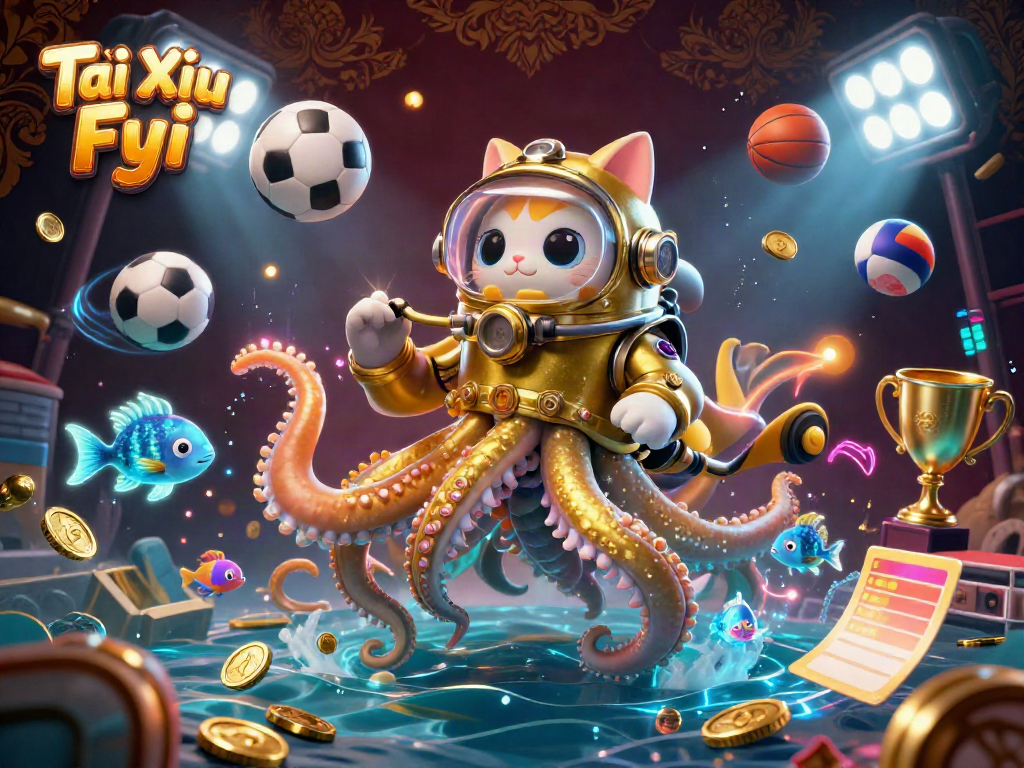 Experience the excitement of Tài Xỉu Fyi with a vibrant illustration of a kraken, diving cat, and dynamic sports elements.