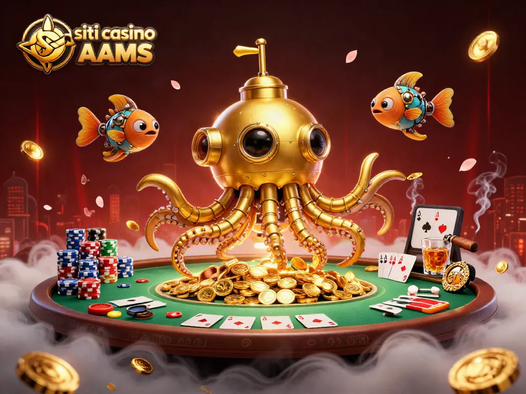 Giocatori testano i siti casino non AAMS tra un mare di monete d'oro e tavoli da poker.
