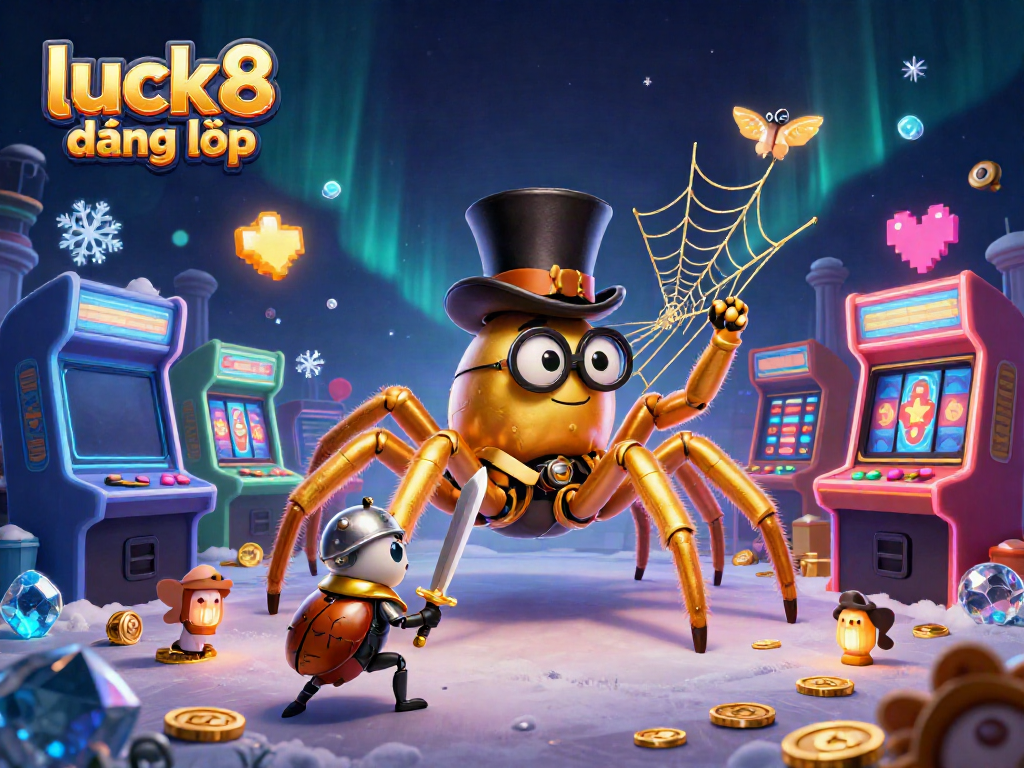 Experience luck8 đăng nhập in a bustling casino scene with a giant tarantula and brave beetle knight.