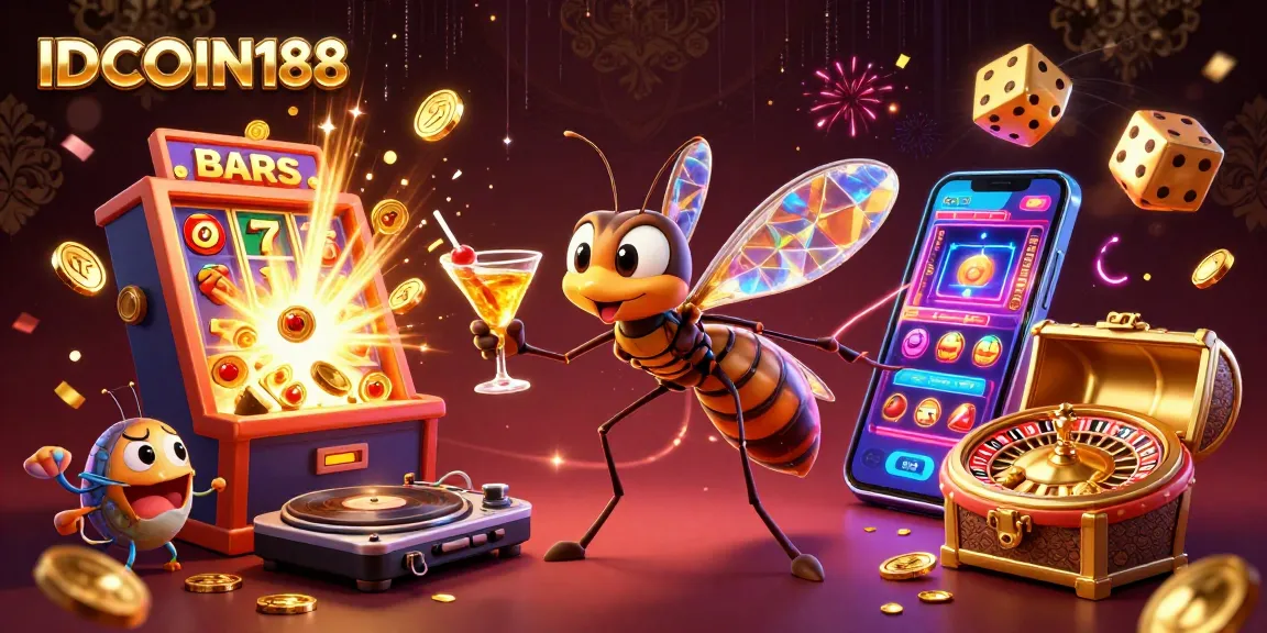 IDCOIN188 showcases a lively casino scene with a fossil DJ and jackpot explosion.