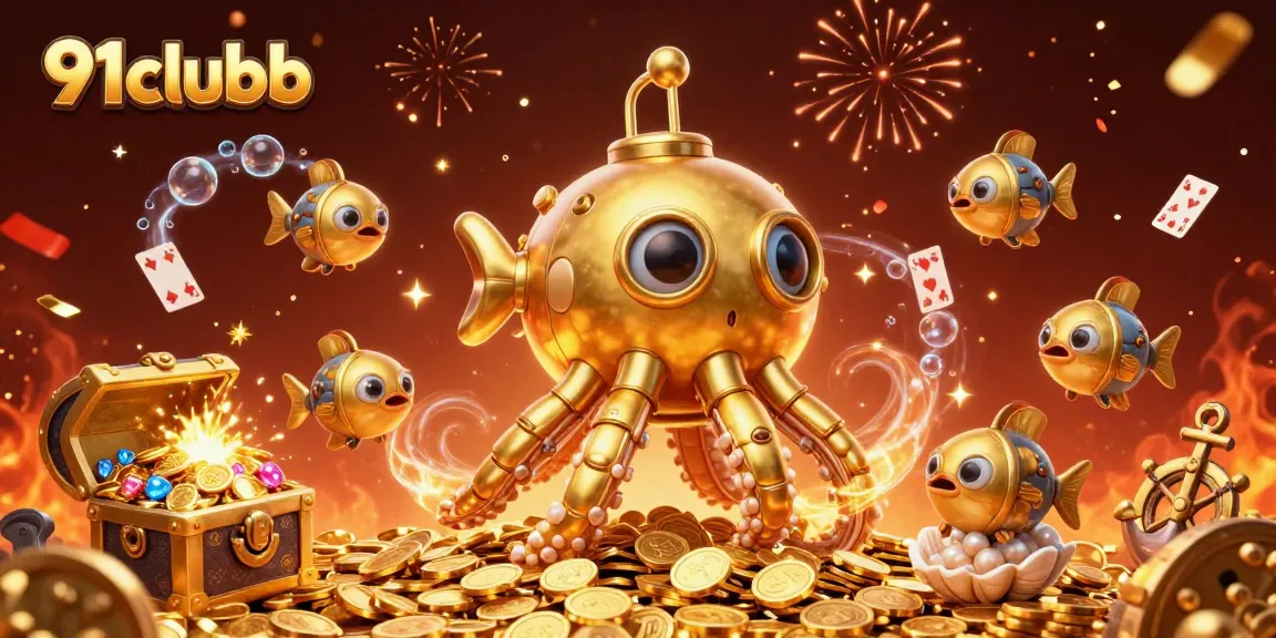 Win big at 91clubb with this vivid 3D illustration showcasing thrilling casino elements and a golden kraken!