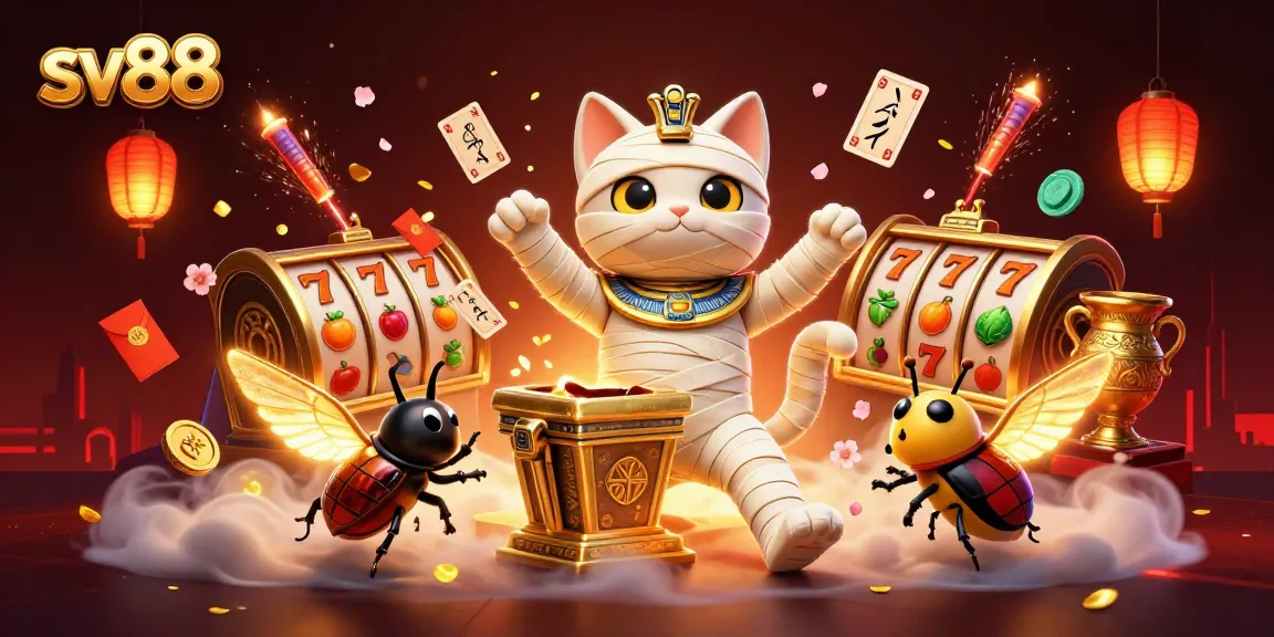 Join the excitement at sv88 with a mummy cat and scarab in a dynamic casino scene