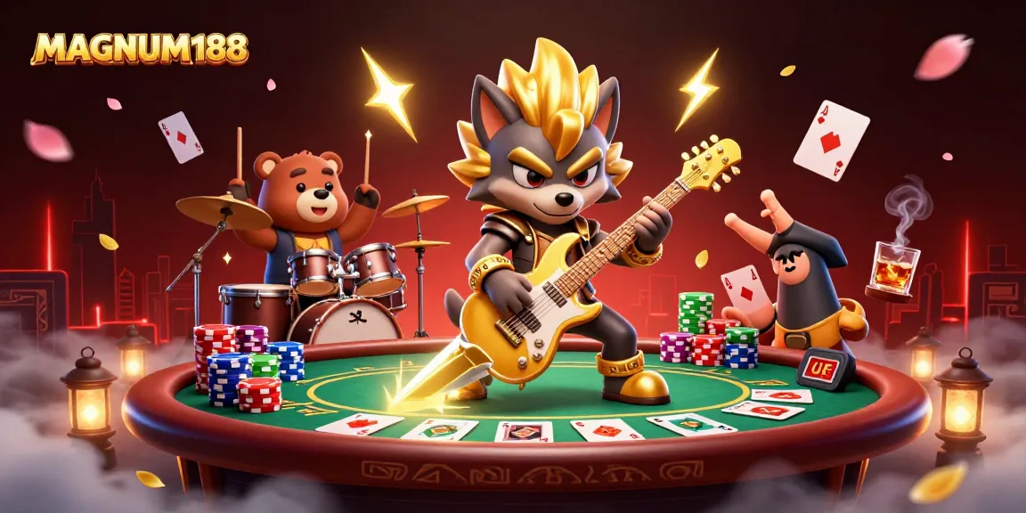 Engage with MAGNUM188's vibrant casino scene featuring energetic characters and dynamic gaming action.