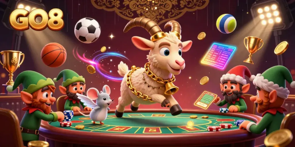 GO8's lively casino scene features a Krampus goat, angel mouse, and mischievous elves amidst dynamic gaming elements.