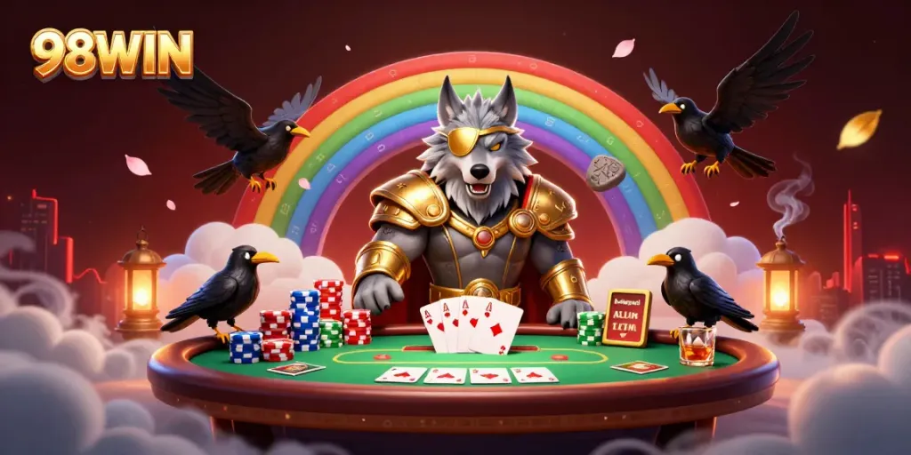 Engage with 98WIN in a vibrant, detailed casino world where legendary Odin and his ravens celebrate winning strategies.