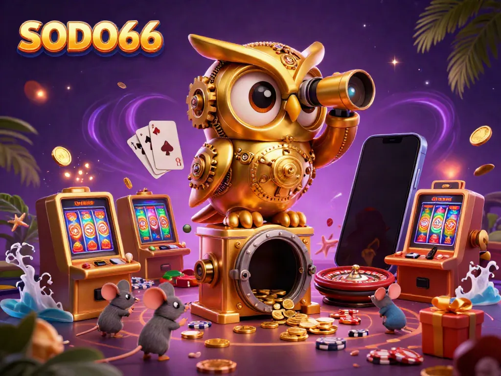 Experience the vibrant energy of SODO66 casino with a golden owl, slot machines, and lively game elements.