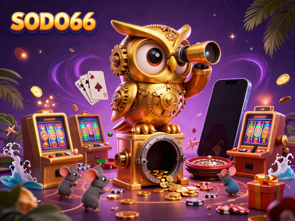 Experience the vibrant energy of SODO66 casino with a golden owl, slot machines, and lively game elements.