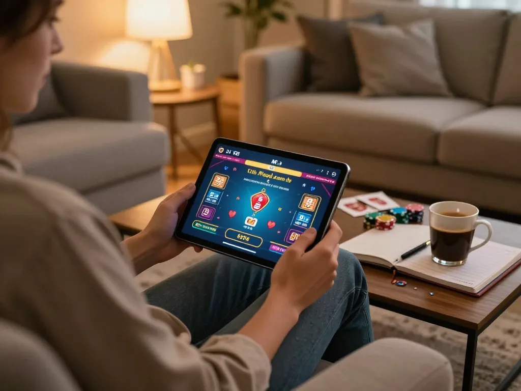 Player engaging with 68gamebaivn poker on tablet during cozy home session.