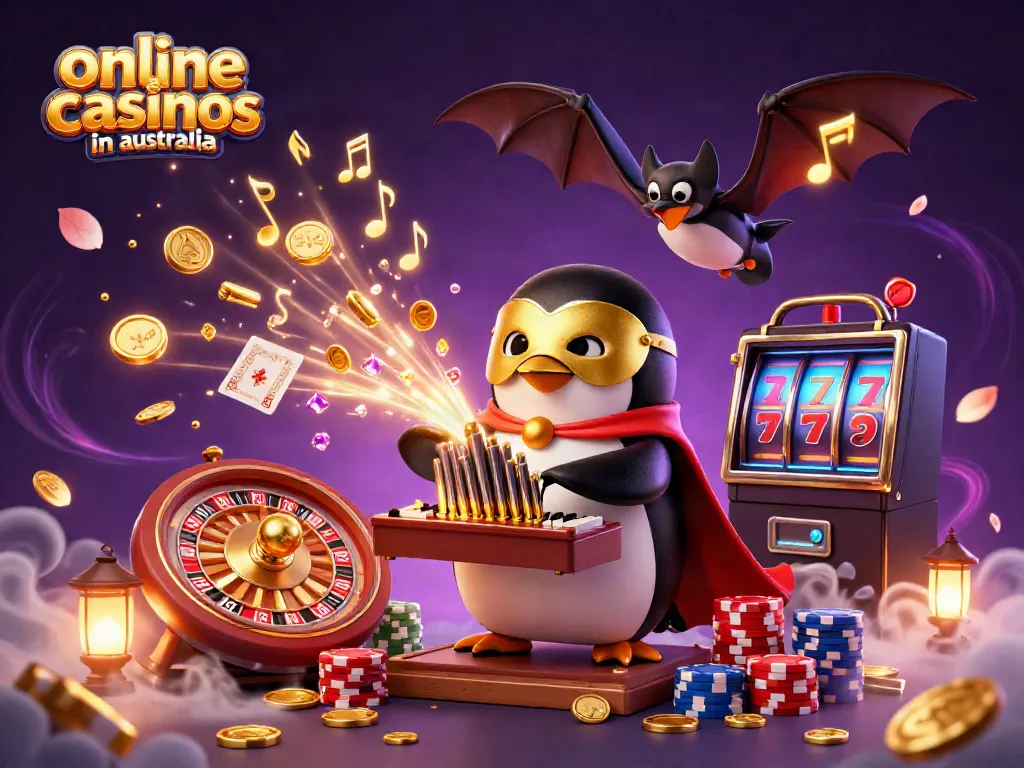 Experience online casinos in Australia with a whimsical scene of a magical penguin and casino elements.