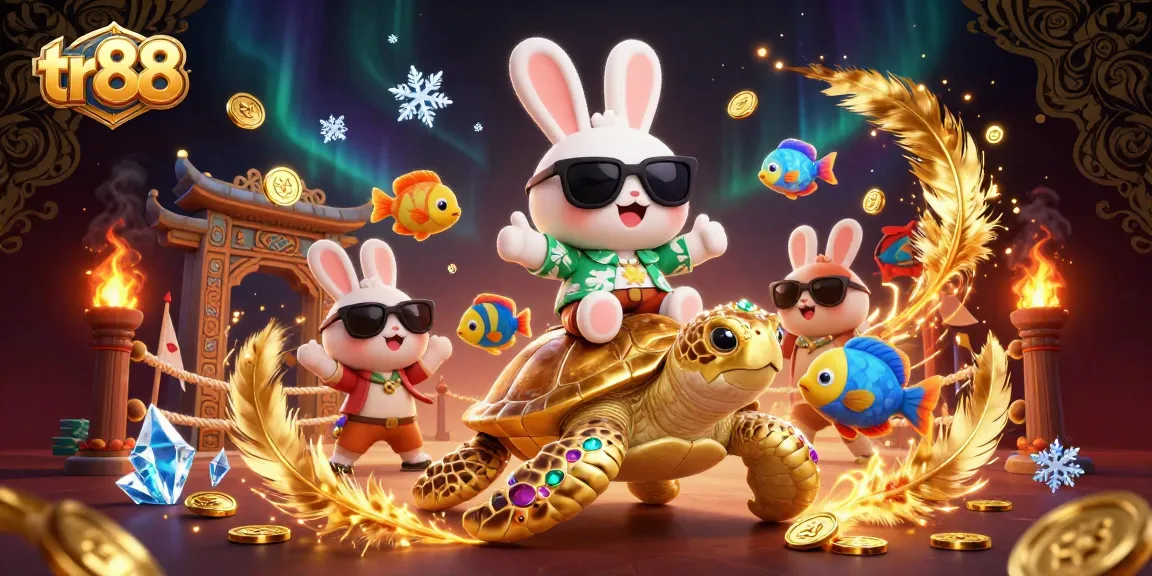 Experience the excitement of tr88 with a lucky rabbit and golden turtle in a vibrant casino scene.