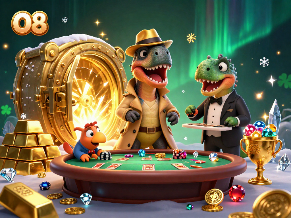 O8 showcases a cartoon velociraptor card counter at a blackjack table surrounded by treasures.