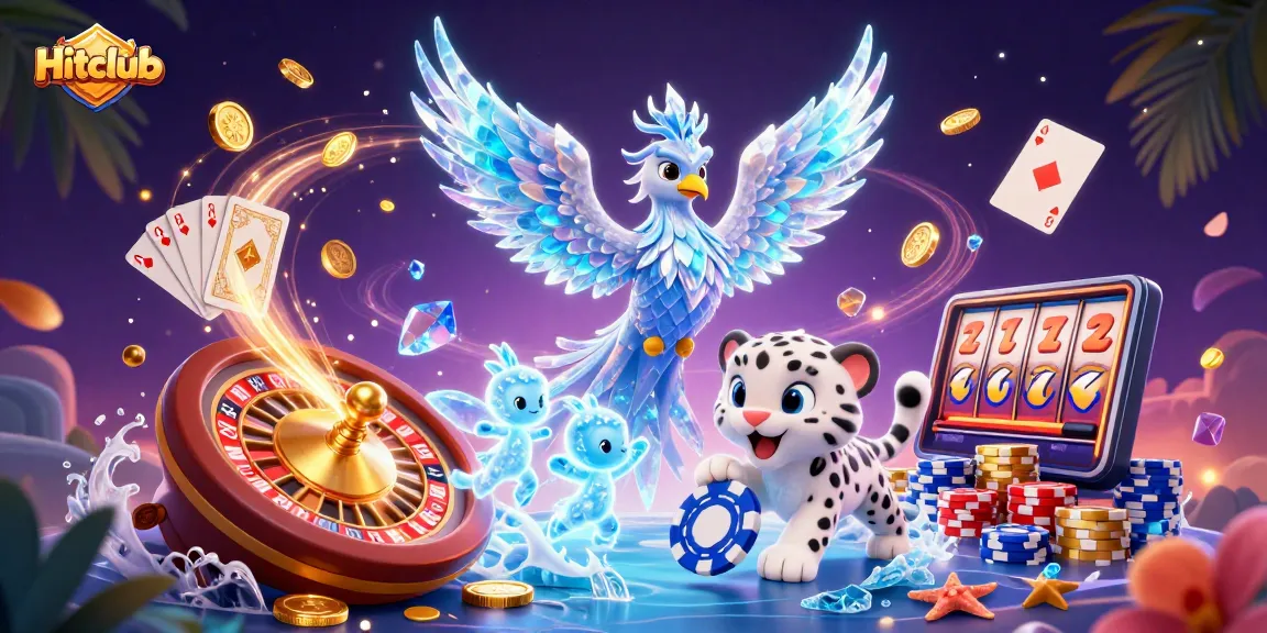 Hitclub showcases an ice phoenix and playful snow leopard amidst slot machines and vibrant casino elements.