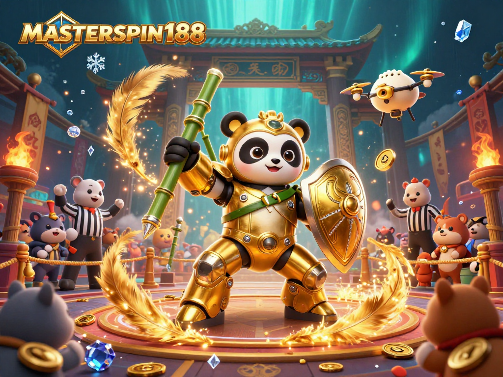 Experience the thrill at MASTERSPIN188 with a vibrant casino arena featuring an animated mech-suit panda.