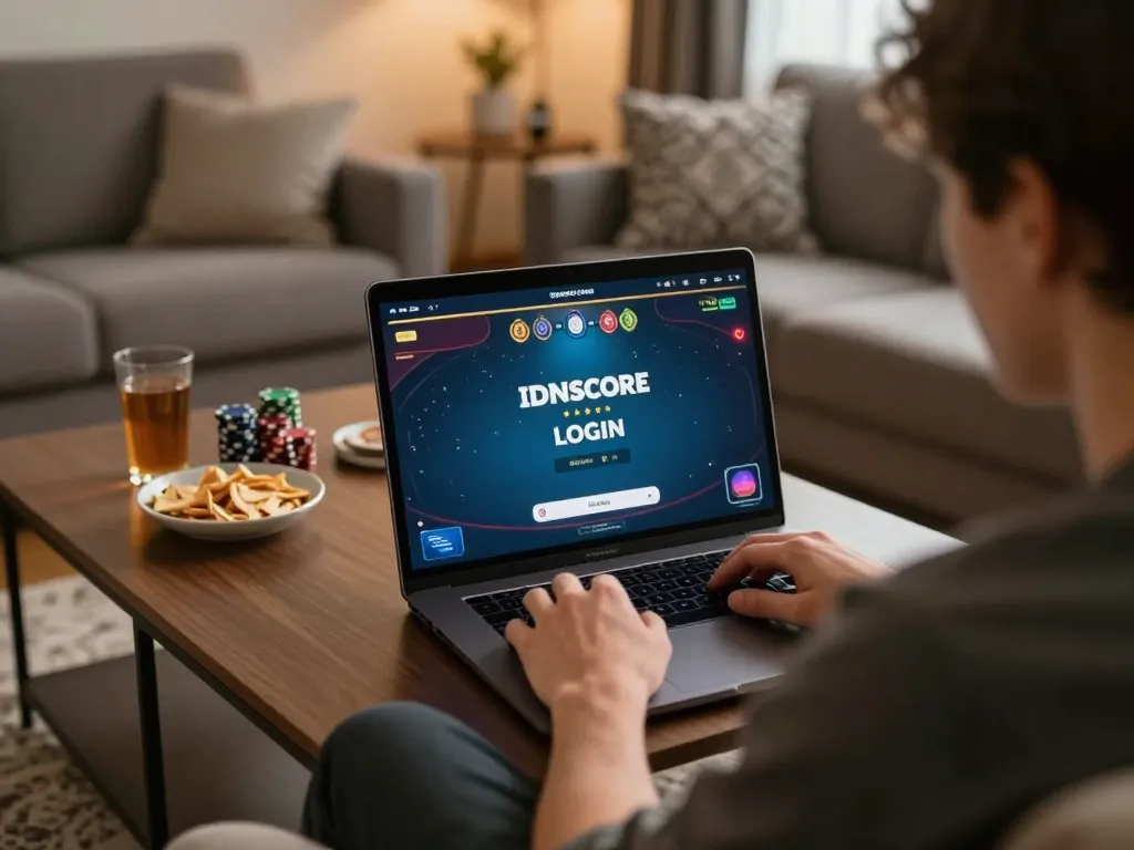 Engaging in IDNSCORE LOGIN while playing online poker in a cozy home setting.