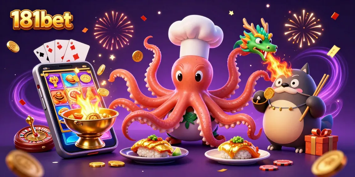 Join the fun with 181bet as the sushi chef octopus prepares winning dishes amidst a vibrant casino scene.