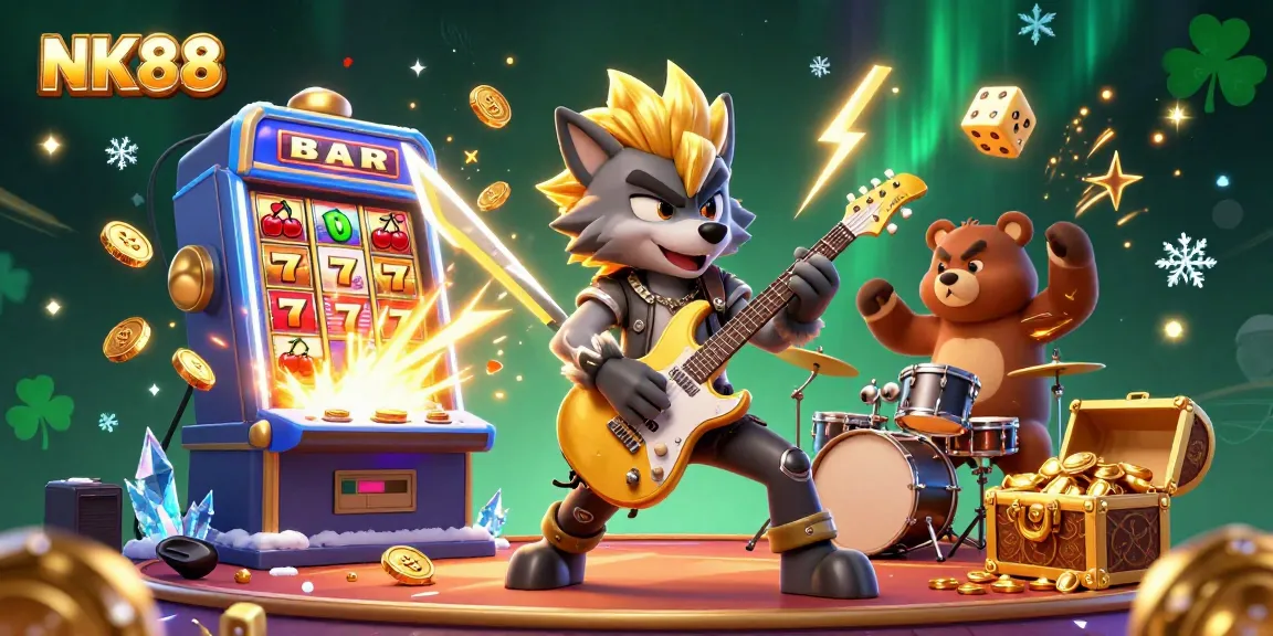 Witness NK88's vibrant casino showdown with a rock star wolf and drummer bear amid dynamic slot machine action.