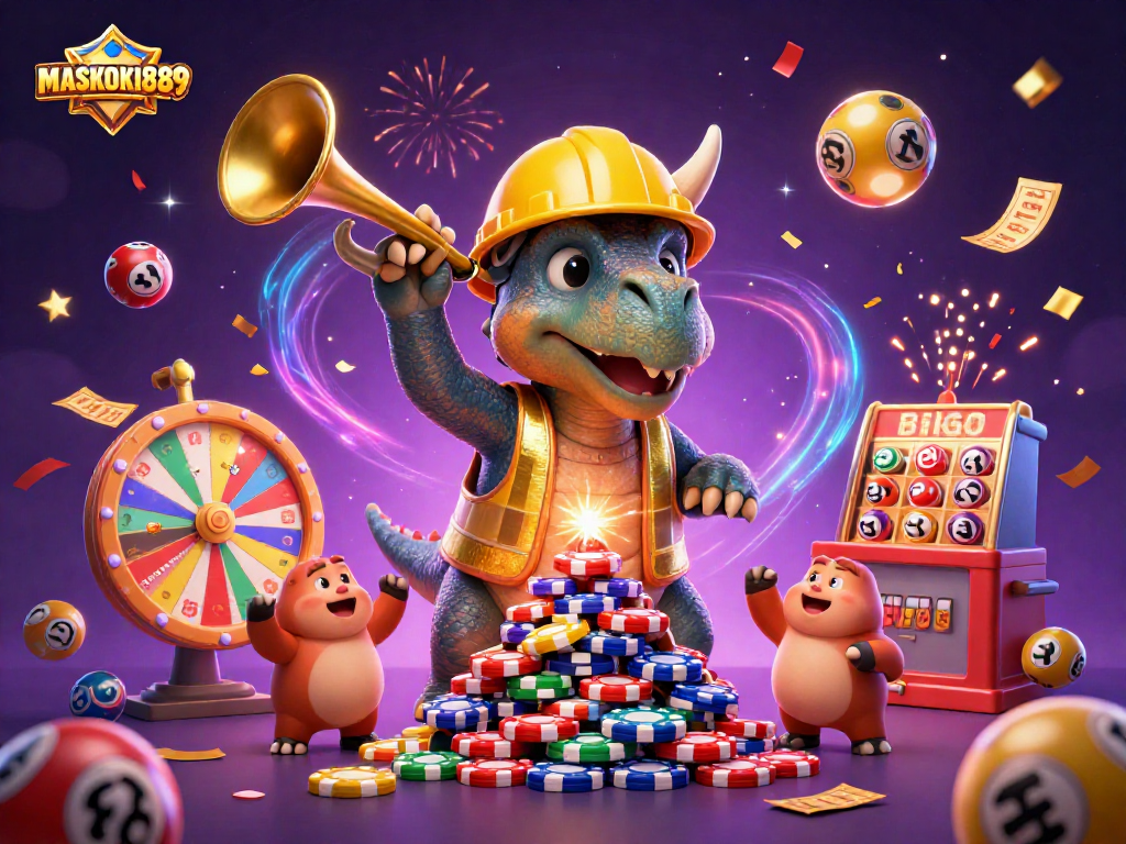 Celebrate with MASKOKI889 as a triceratops builds poker chips, surrounded by dynamic lottery elements.