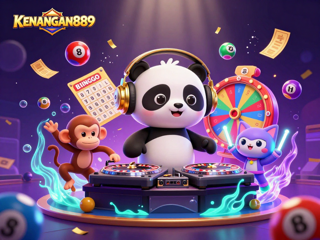 KENANGAN889 showcases an exciting casino scene with lively characters, lottery balls, and vibrant colors.
