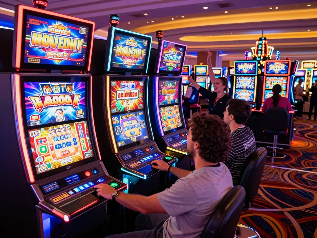 Players enjoying the thrilling experience at vegasslot77 slot machines in a dazzling Las Vegas casino.