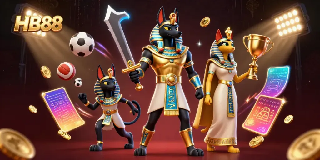 Experience extreme action at HB88 with Anubis wielding a sword amidst vibrant sports elements.