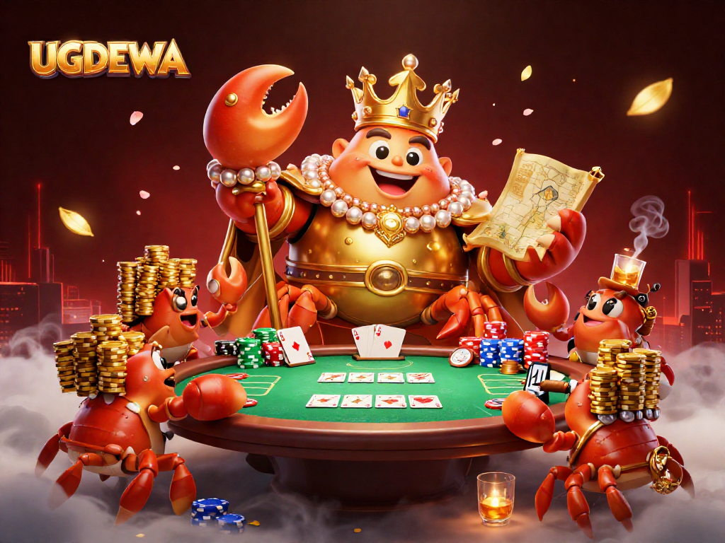 Experience thrilling gaming with UGDEWA’s vibrant 3D illustration of the golden crab emperor amidst poker action.