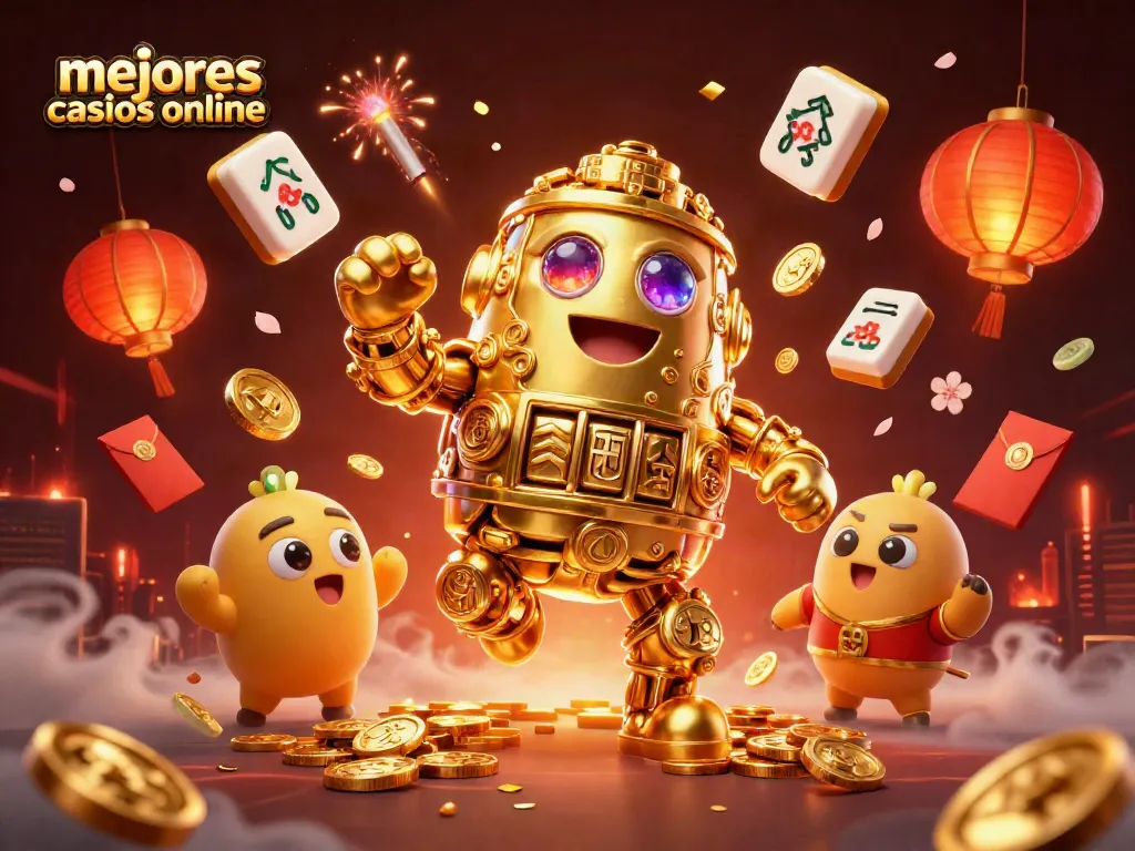 Gana en los mejores casinos online con esta colorida ilustración de un golem de oro y símbolos de juego.