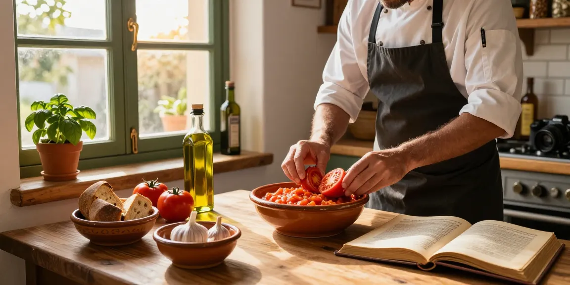 Discover the best salmorejo near me being prepared with fresh ingredients in a traditional kitchen.