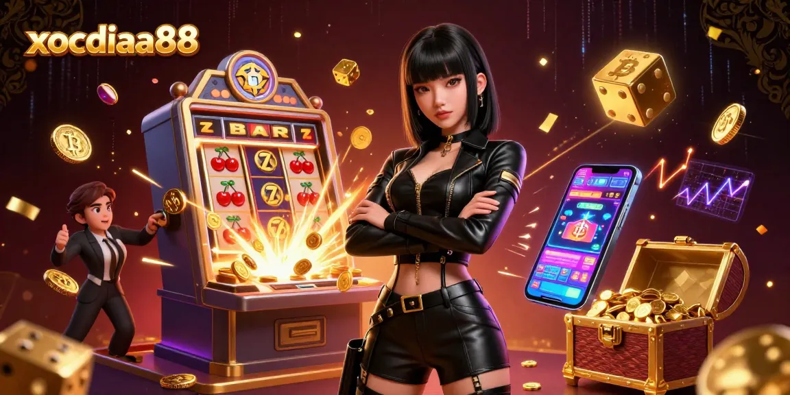 Xocdia88 features an Asian woman in a casino setting with slot machine elements and Bitcoin coins.
