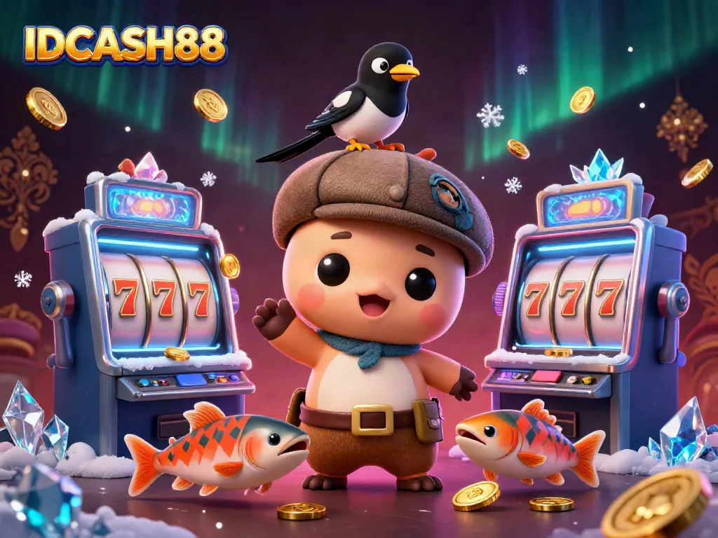 Spin the reels at IDCASH88 with captivating cartoon characters amidst a thrilling casino scene.