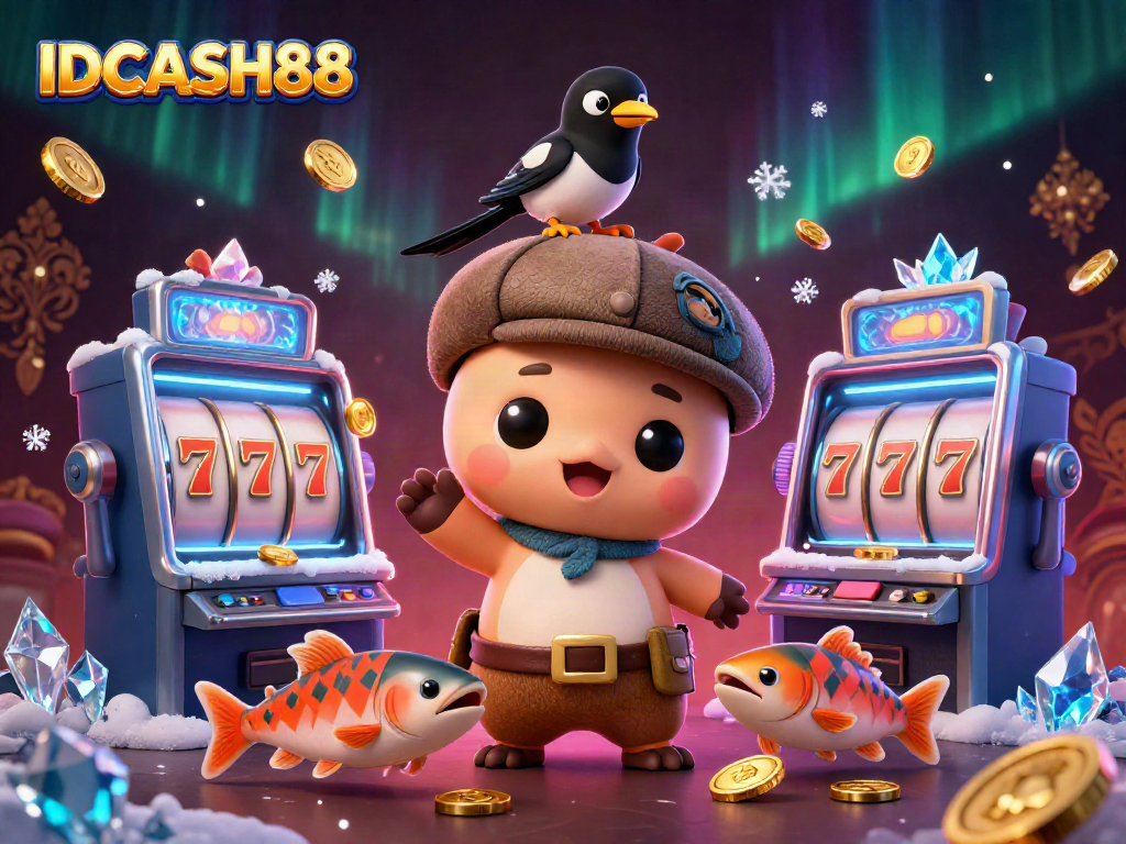 Spin the reels at IDCASH88 with captivating cartoon characters amidst a thrilling casino scene.