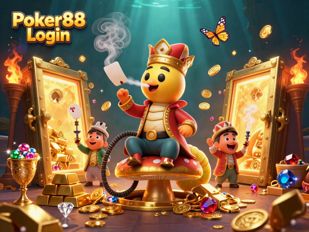 Experience Poker88 Login with engaging visuals showcasing poker symbols and golden treasures in a vibrant digital art scene.