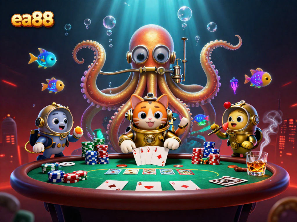 Experience thrilling moments at ea88 with a colossal kraken and diving cat in a vibrant casino scene.