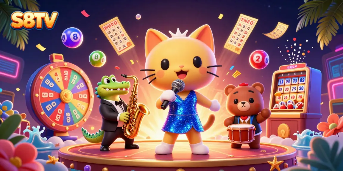 S8TV offers a vibrant, engaging casino illustration with a dynamic jazz band and lottery elements.