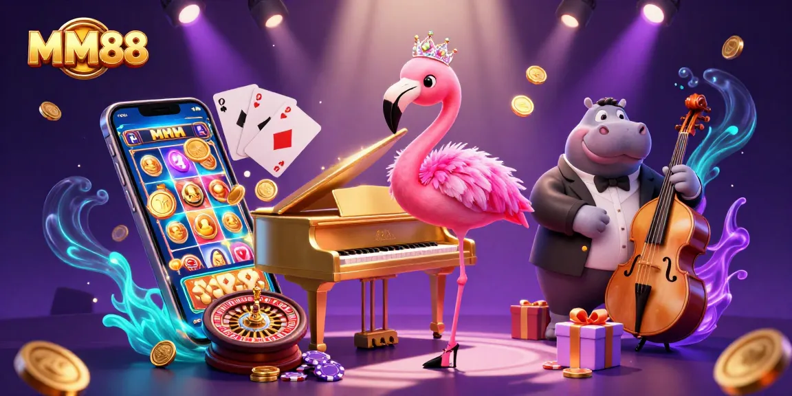 Immerse in the vibrant MM88 casino scene with dazzling characters playing games and dynamic elements.
