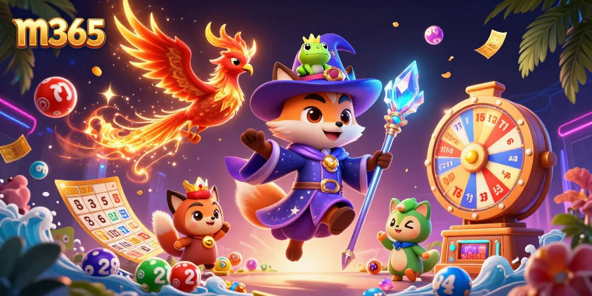 Engage m365 players with exciting lottery balls and vibrant casino elements in a dynamic illustration