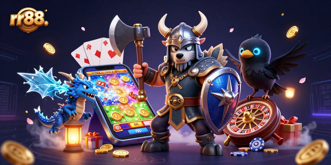 Experience thrilling slot games with rr88. featuring a Viking warrior, dragon, and stacked poker chips.