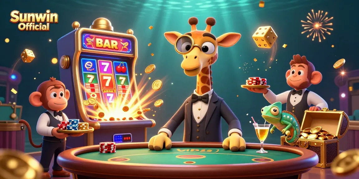 Experience the vibrant gaming atmosphere at Sunwin Official with a high-roller giraffe and friends at a VIP table.