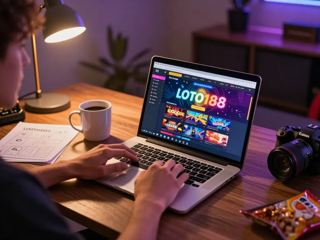 Engaging online gaming scene at LOTO188 with player using laptop and strategy notes.